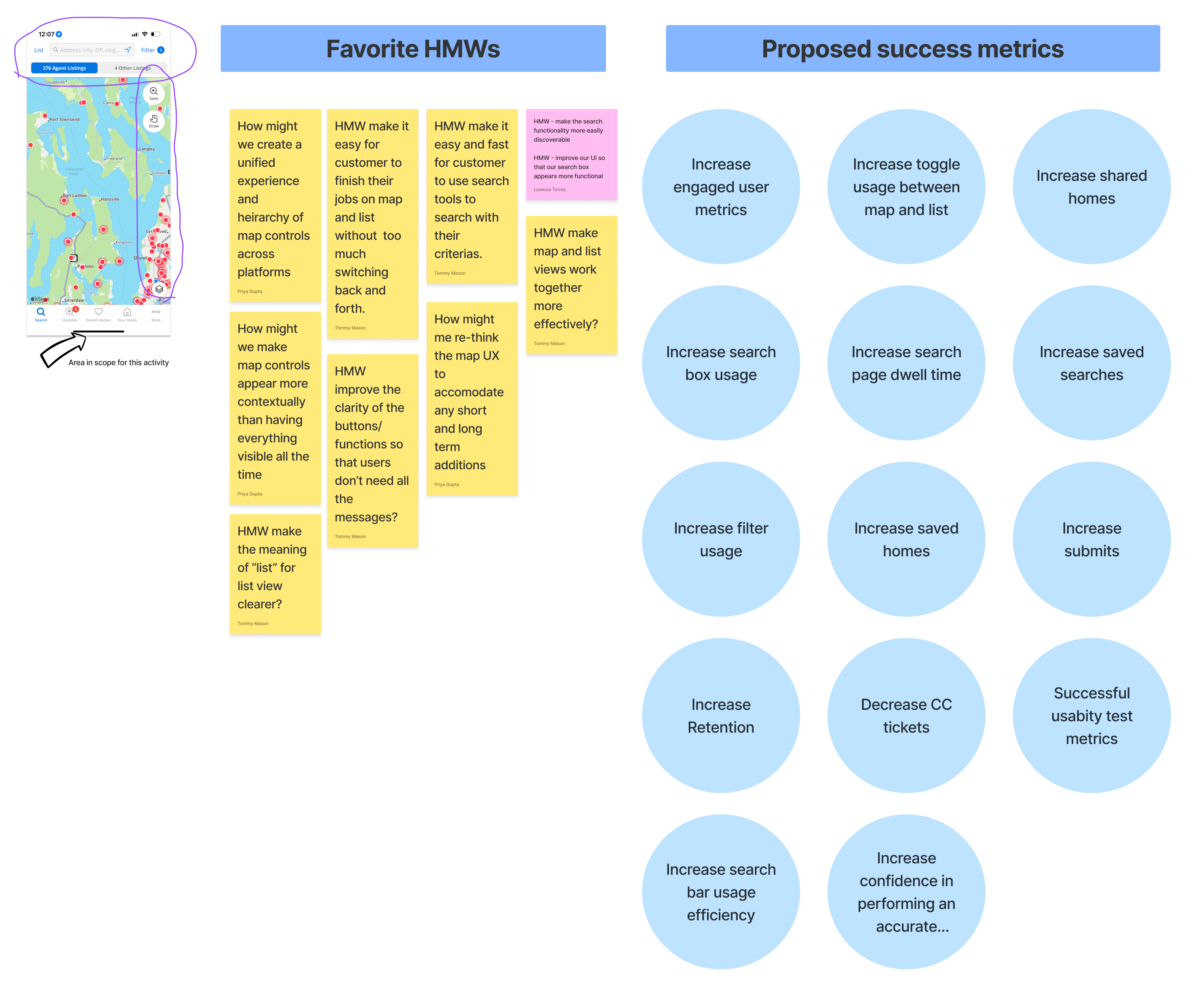 Sprint board: in-scope area of the search screen, favorite How Might We notes, and proposed success metrics